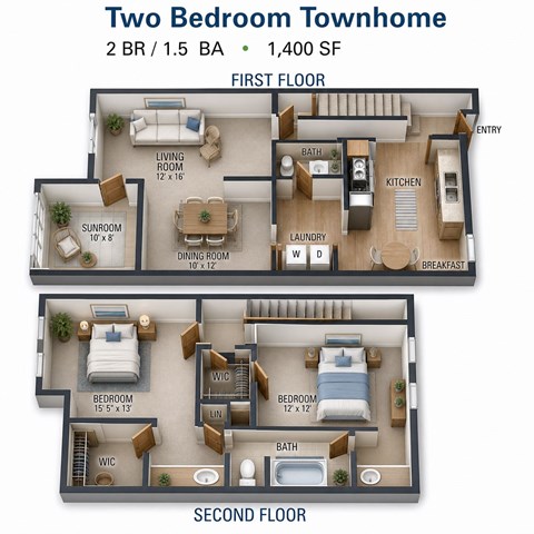 Floor plan for 2 beds, 1.5 baths, 1400 sqft